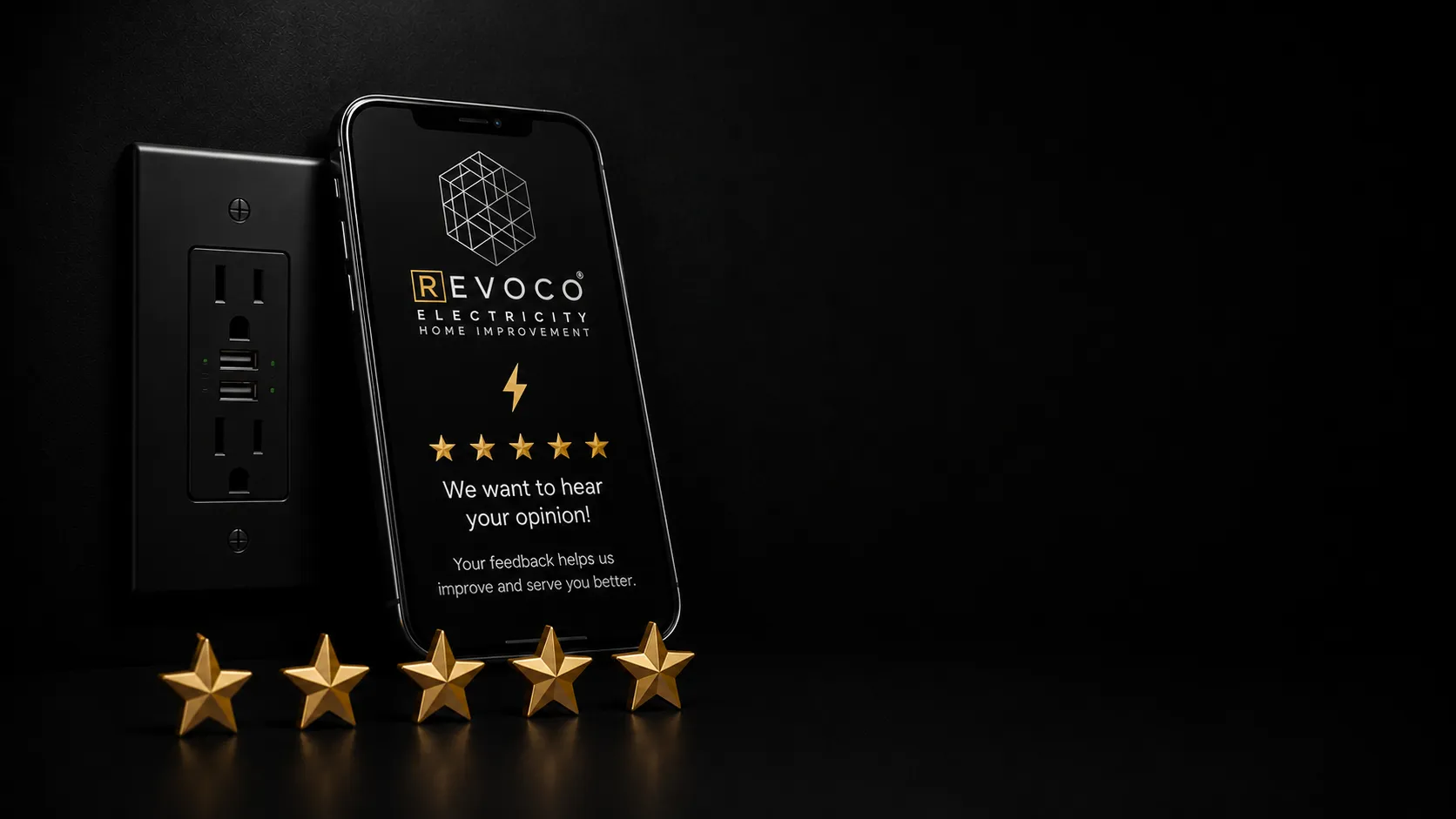 Phone displaying Revoco customer feedback beside five gold stars