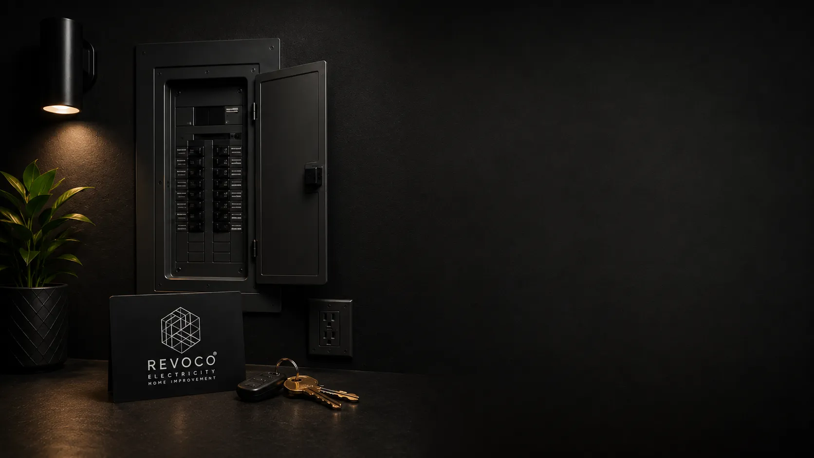 Modern electrical panel and Revoco service keys in a dark interior
