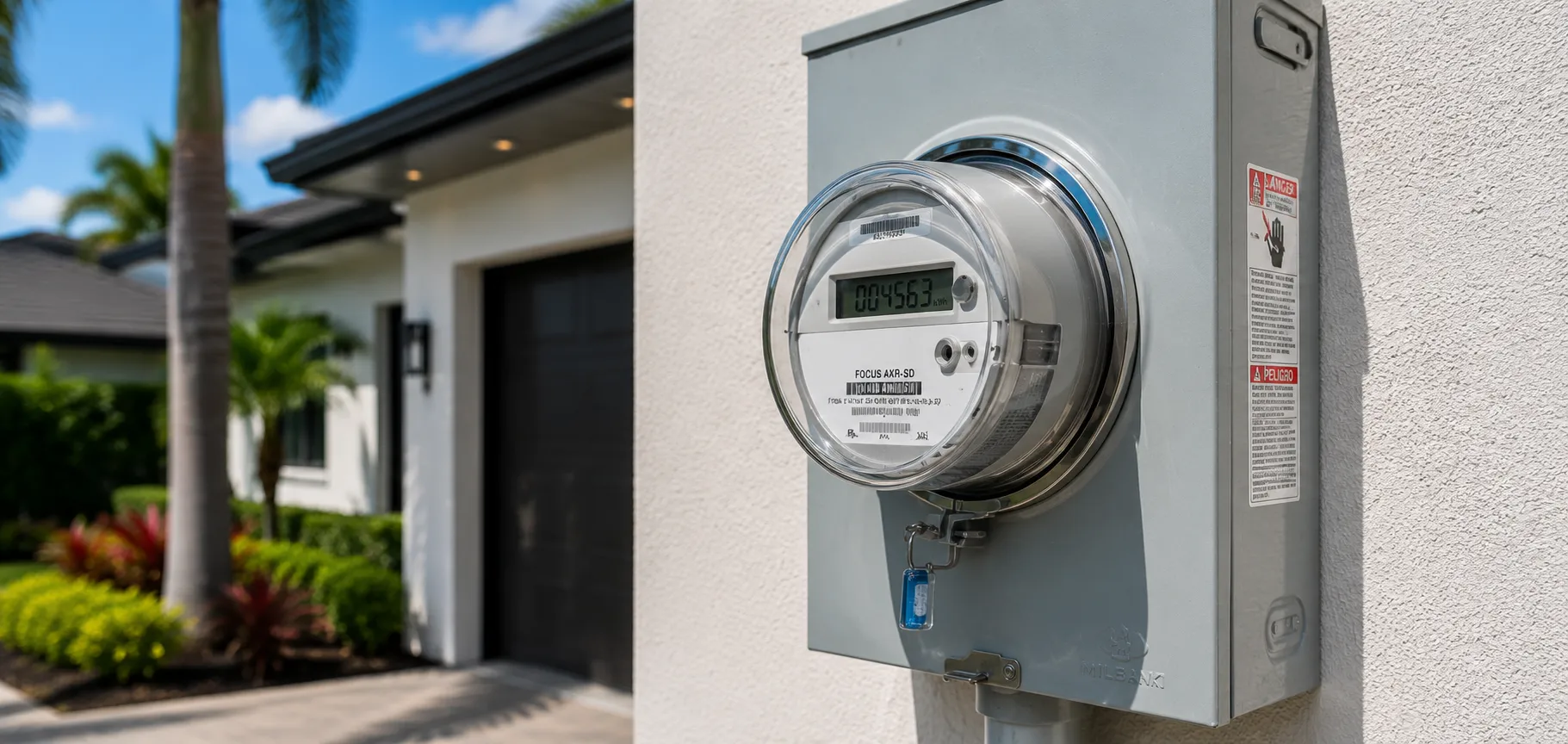 Modern residential electric meter installed on the exterior wall of a Florida home.