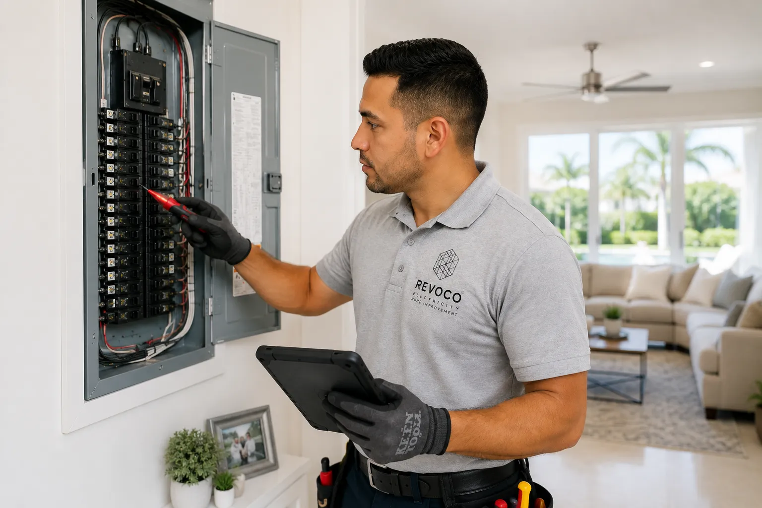 Electrician inspecting a residential electrical panel.