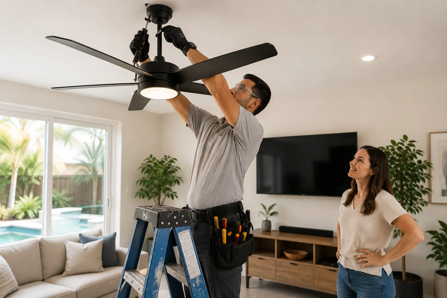 Professional electrician installing a ceiling fan