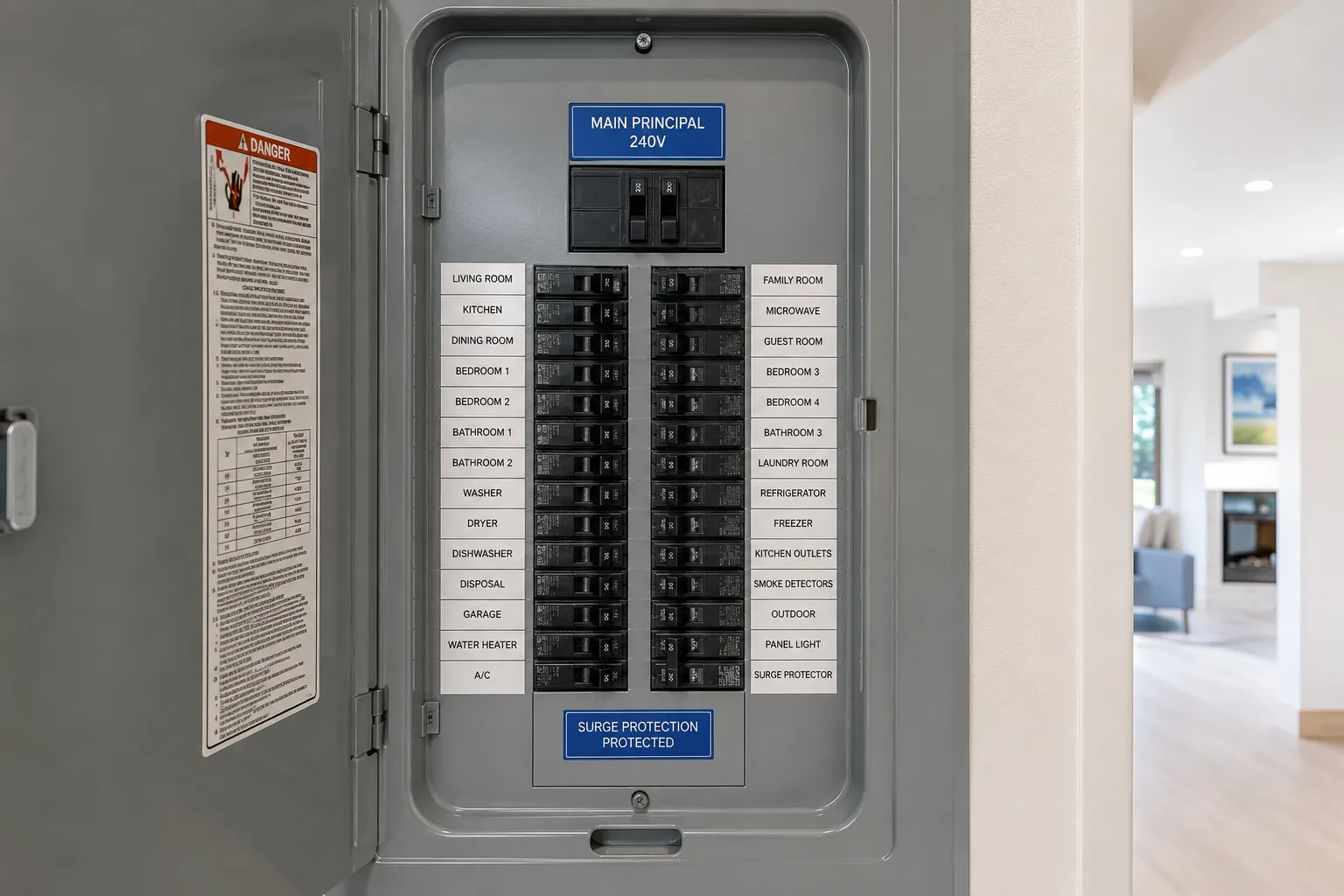 Organized residential electrical panel with labeled breakers.