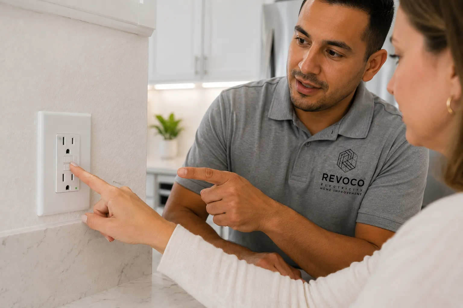 Homeowner pressing the test button on a GFCI outlet in a Florida kitchen.