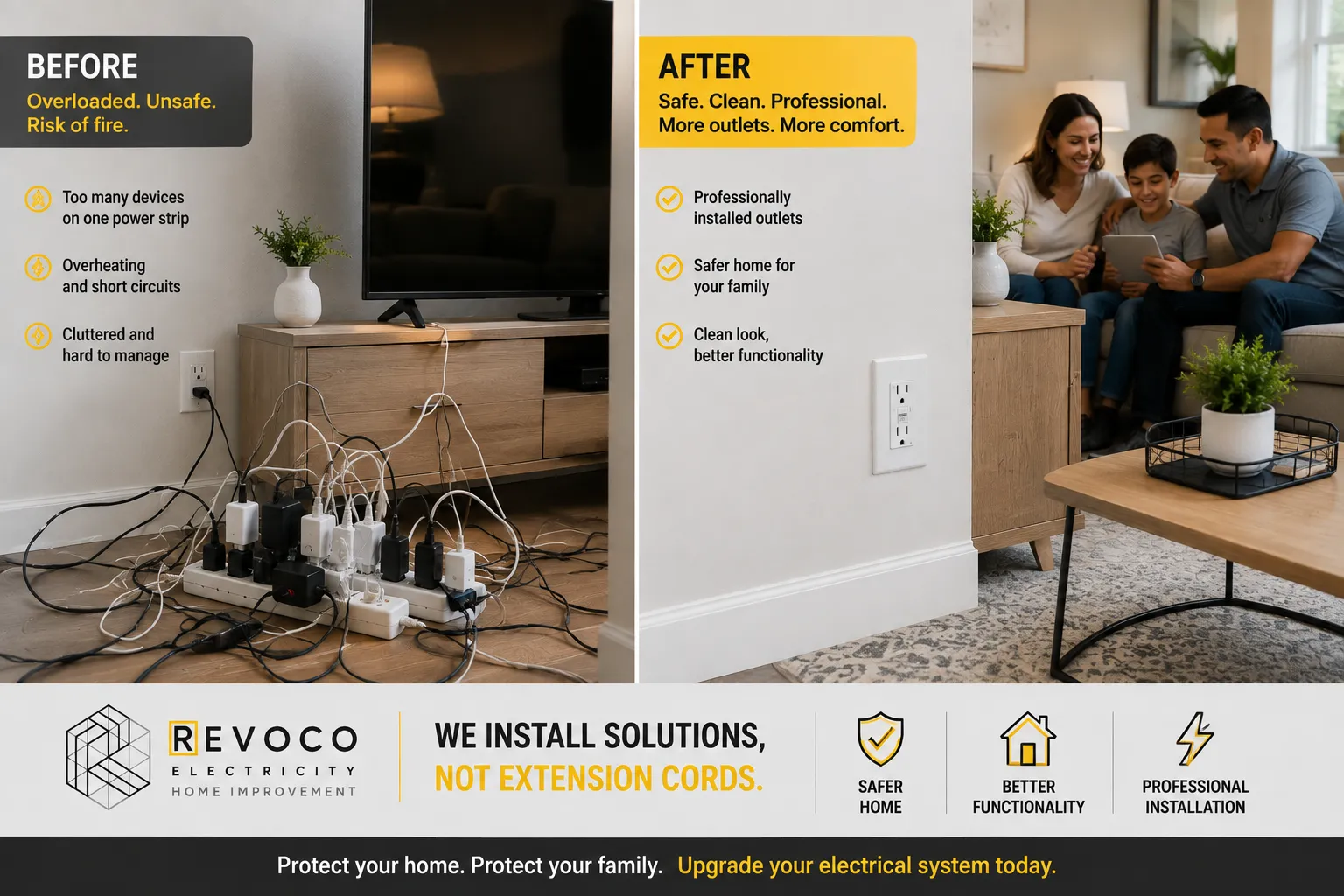 Overloaded power strip compared with a professionally installed outlet solution.