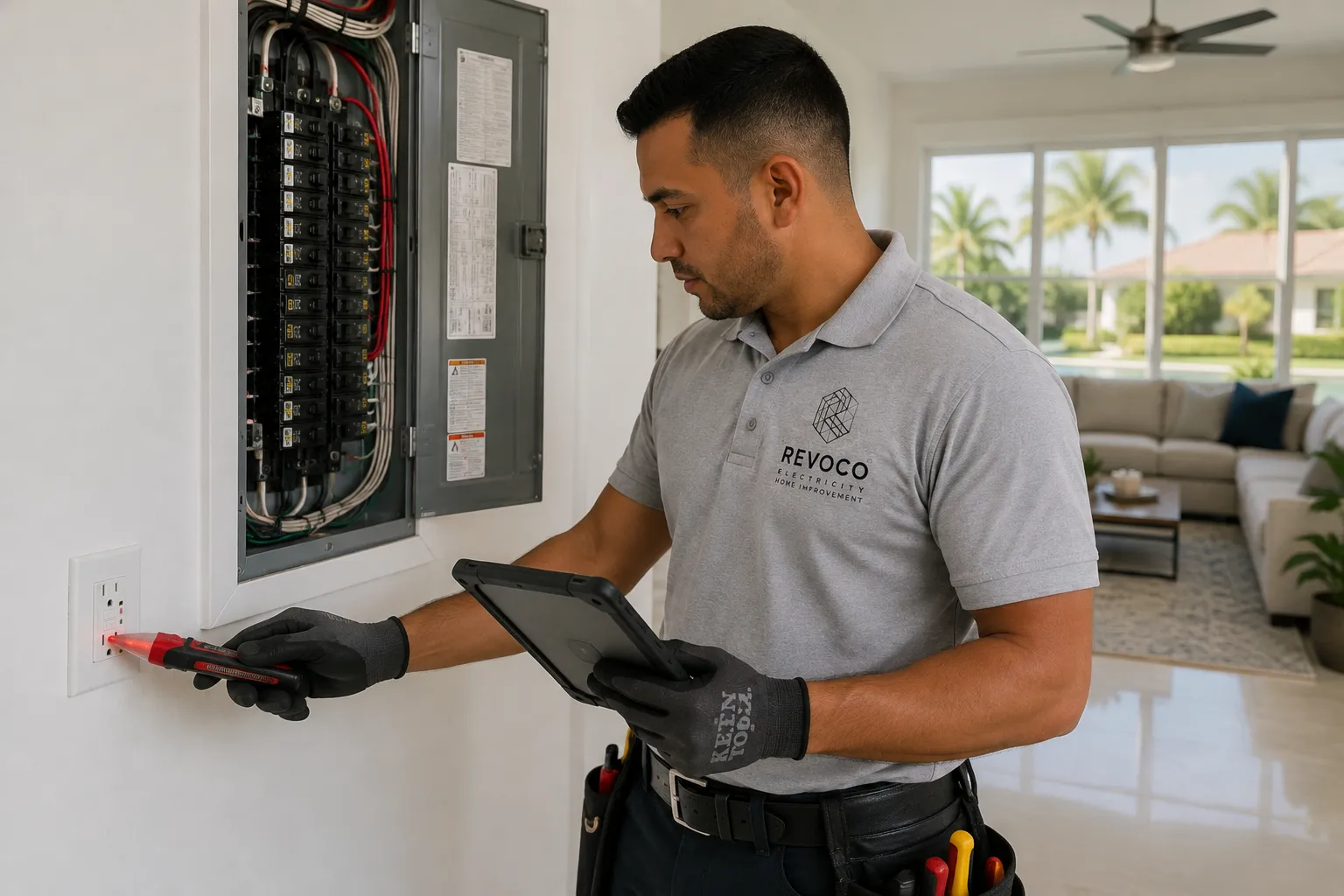 Licensed electrician performing a comprehensive residential electrical inspection inside a Florida home.