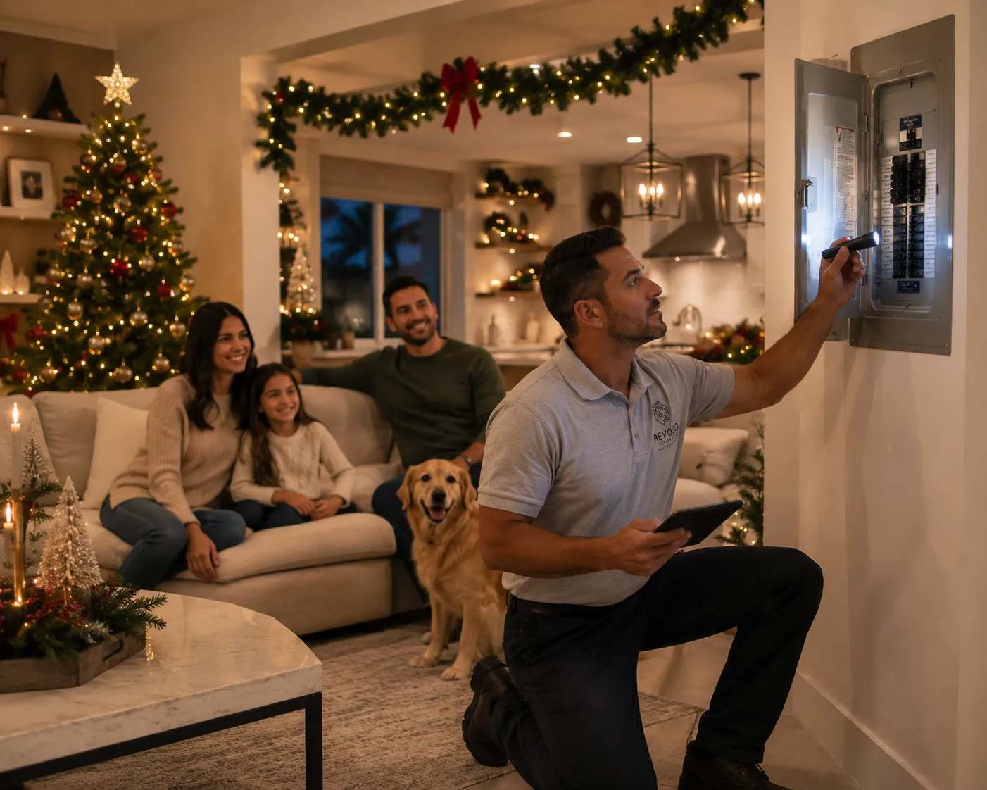 Florida family during the holidays while an electrician completes an inspection.