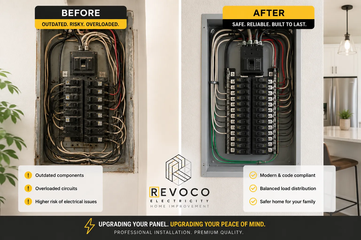 Side-by-side comparison of an older electrical panel and a modern upgraded panel.