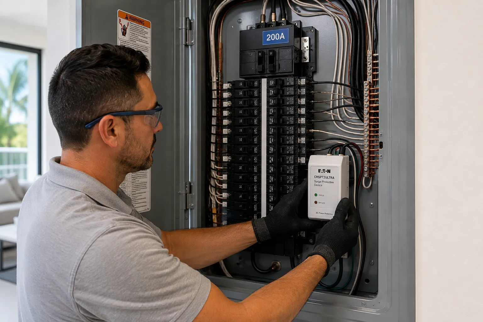 Electrician installing whole-home surge protection in an electrical panel.