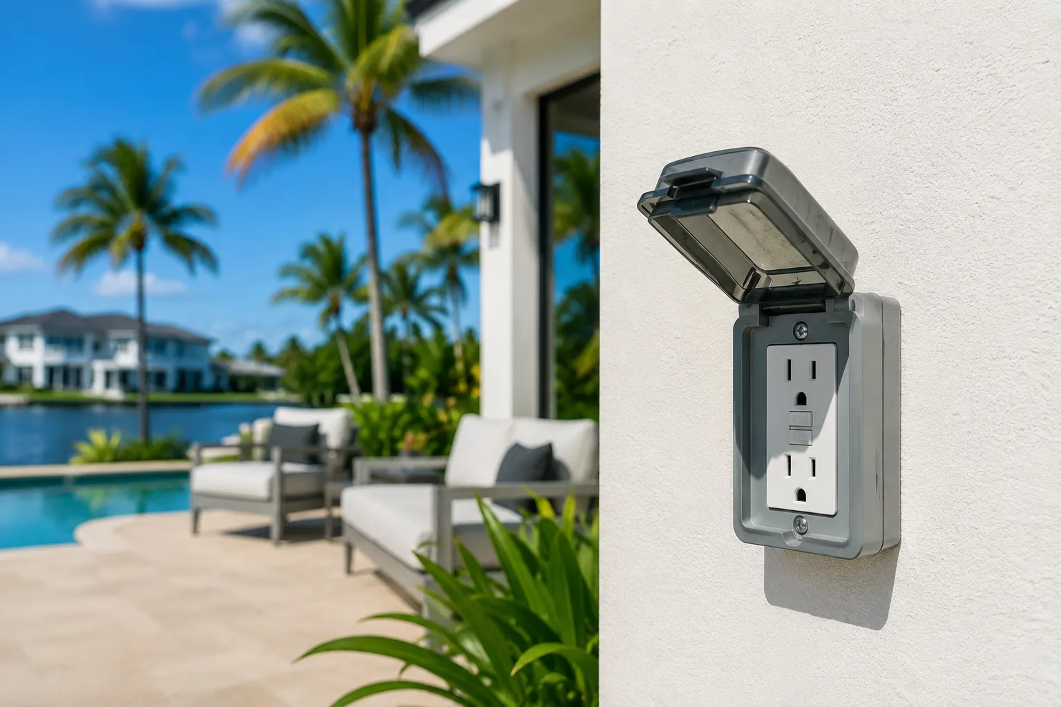 Weatherproof outdoor electrical outlet with a waterproof cover.