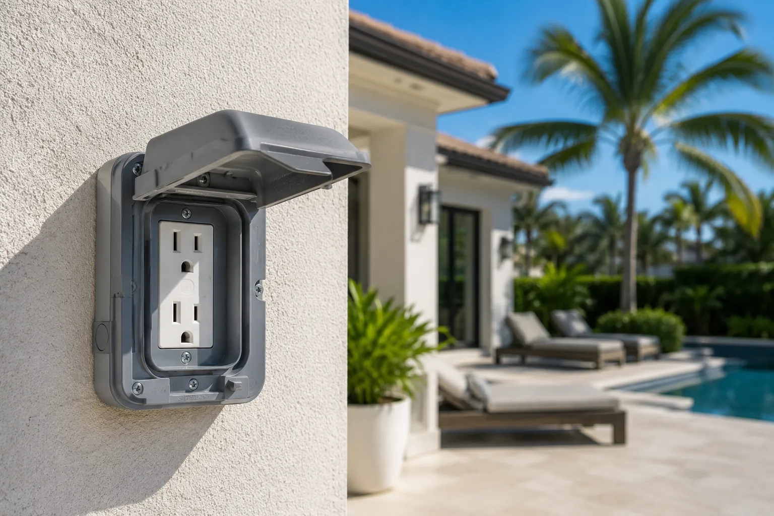 Weather-resistant outdoor electrical outlet installed on a Florida home.