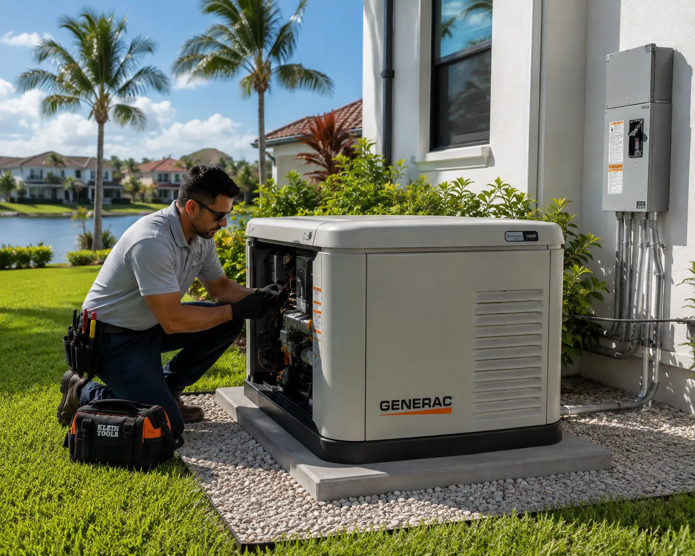 Standby generator being serviced beside a Florida home.