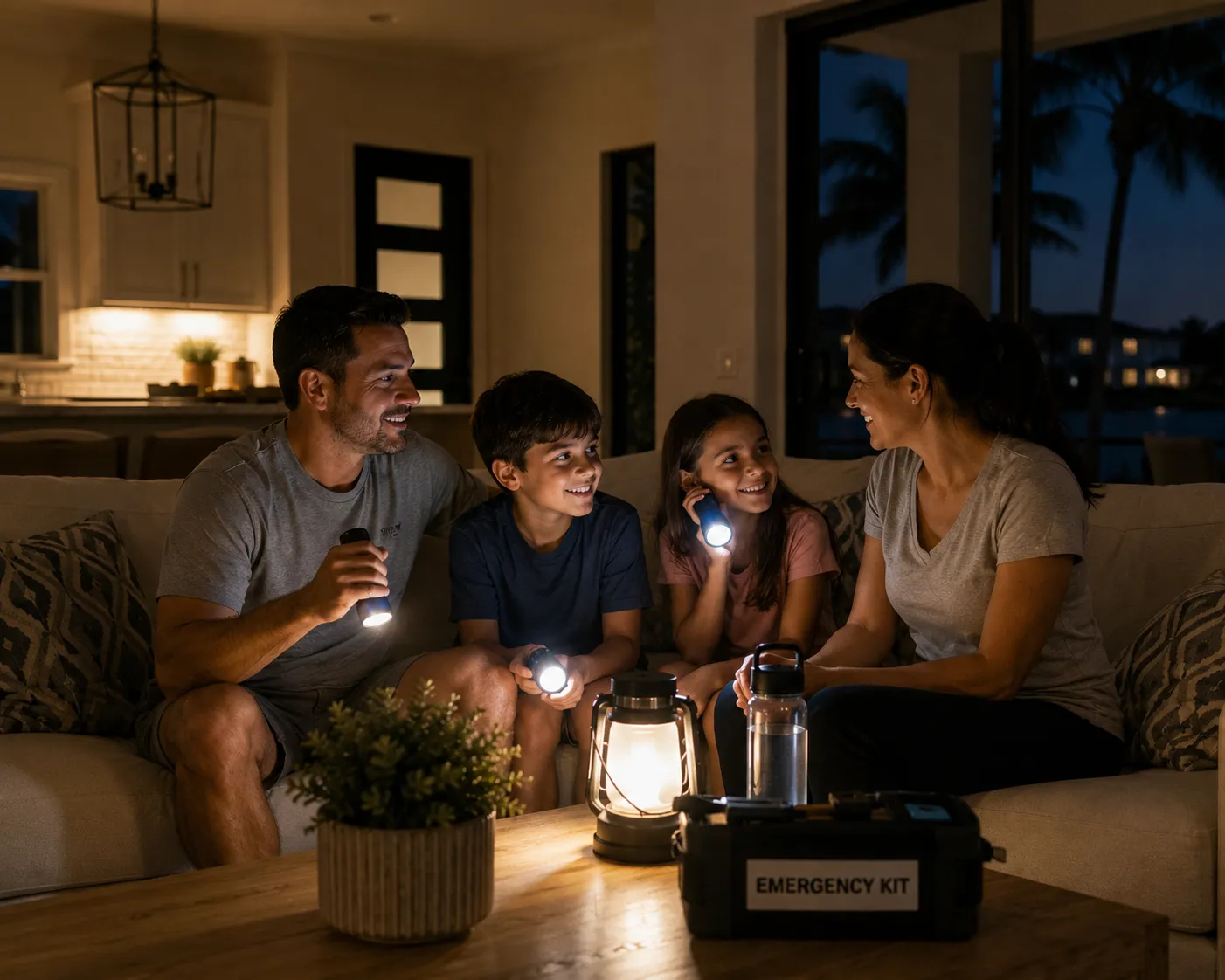 Florida family safely using flashlights during a power outage.