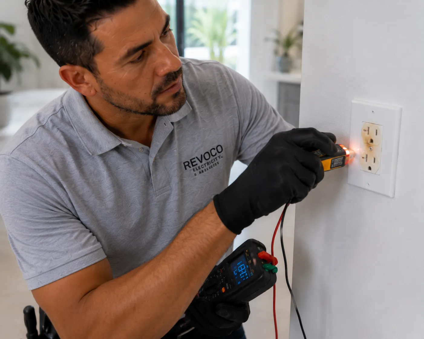 Electrician inspecting a discolored electrical outlet.