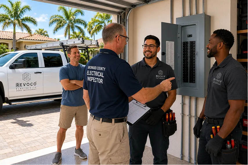 Revoco electrician greeting homeowner by upgraded electrical panel