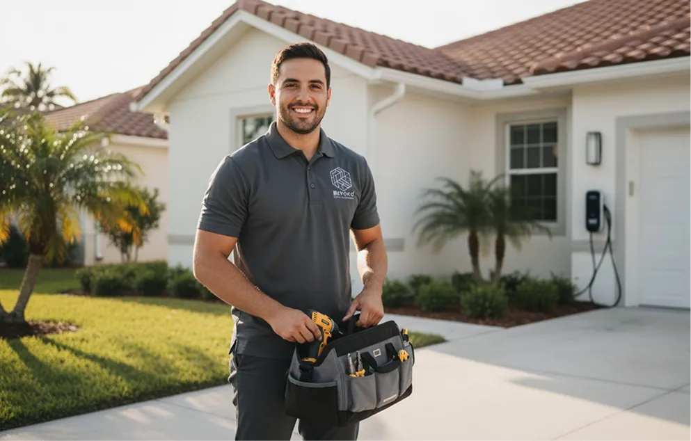 Electrician standing in front of a home
