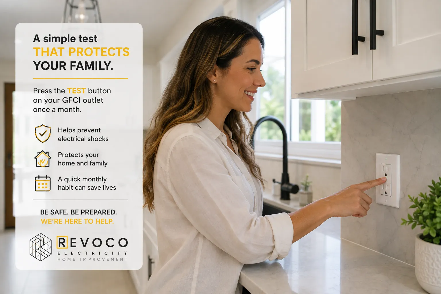 Homeowner testing a GFCI outlet in a kitchen.