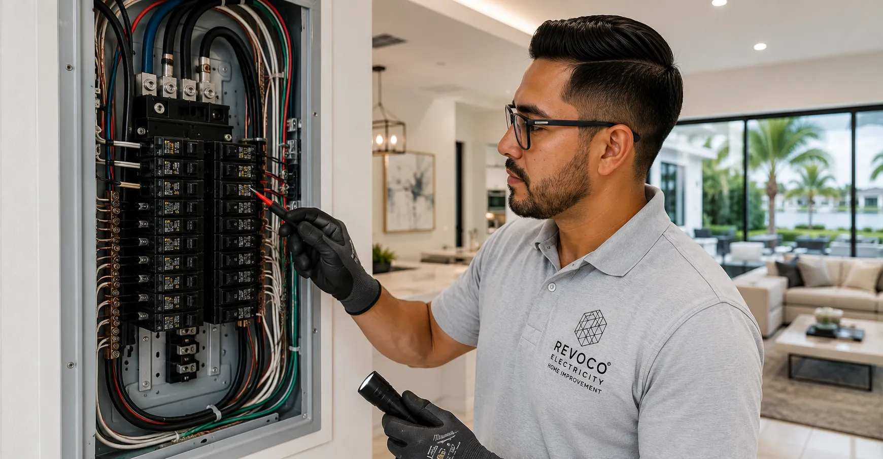 Electrician inspecting a modern residential electrical panel with neatly organized breakers.