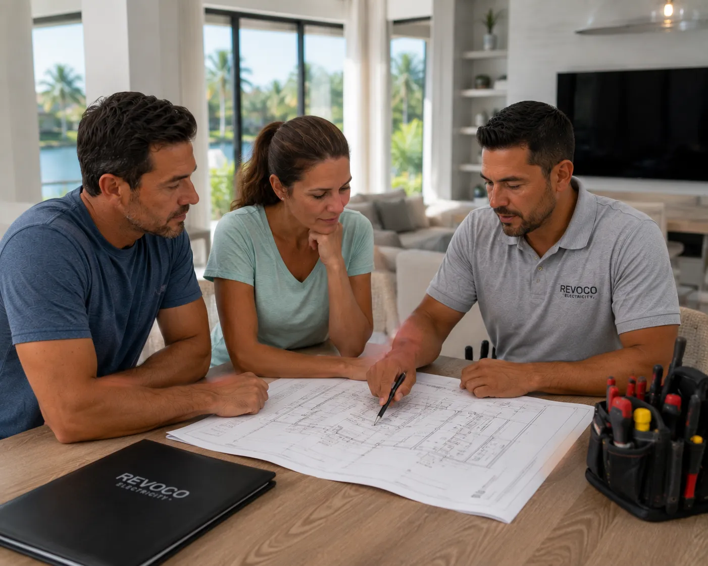 Homeowners reviewing renovation plans with a licensed electrician.