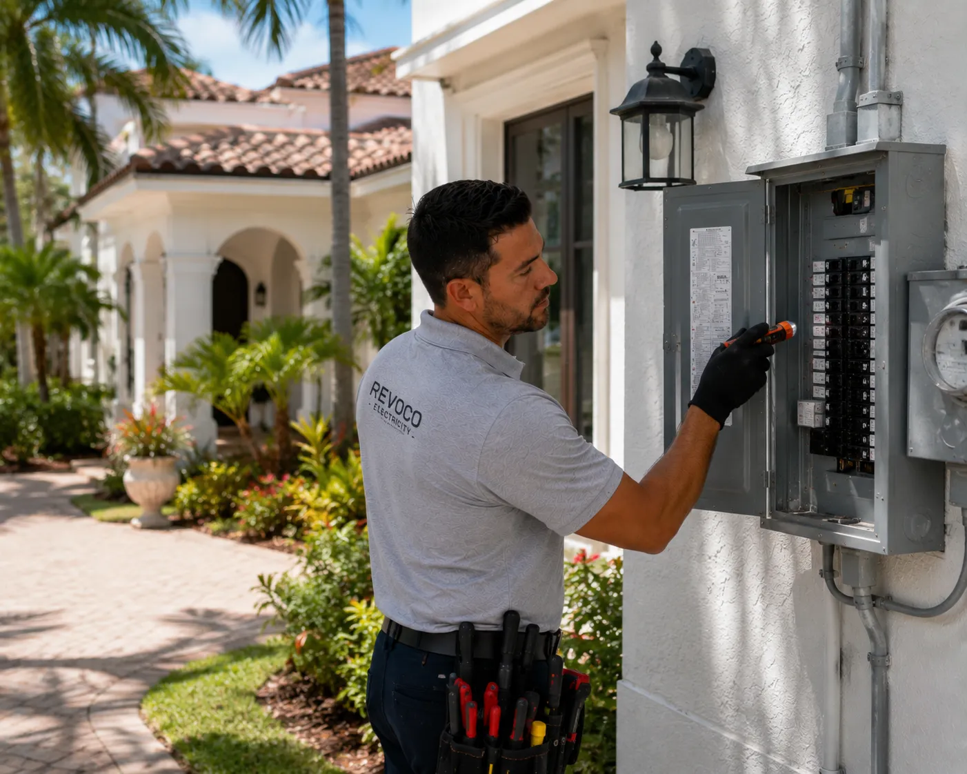 Electrician performing a routine inspection in an older Florida home.
