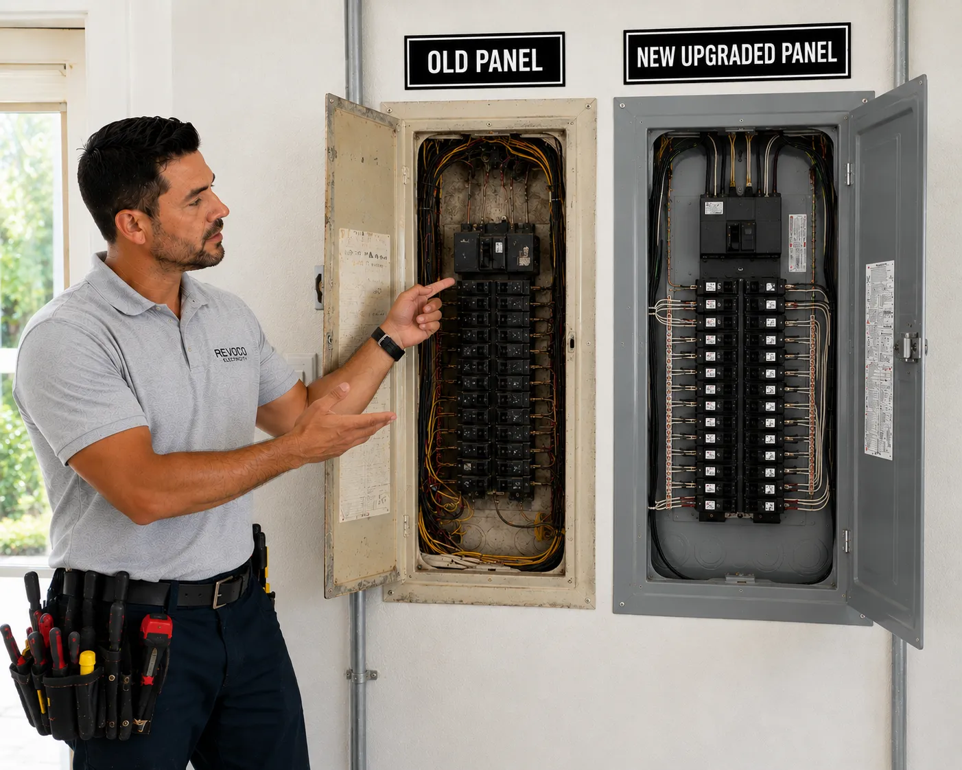 Electrician comparing an older electrical panel with a modern one.