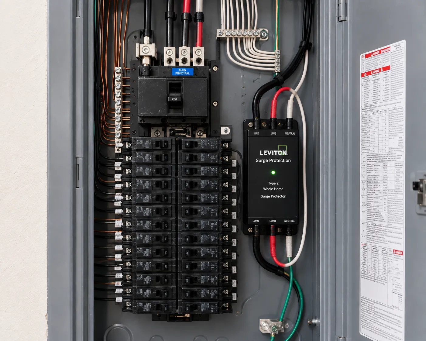 Whole-home surge protector installed inside an electrical panel.