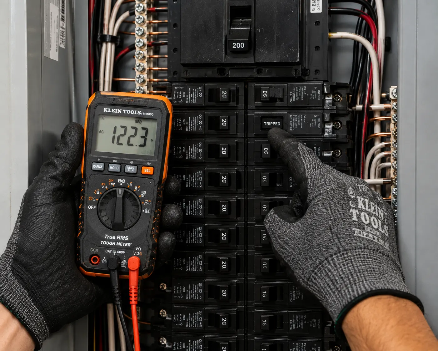 Tripped circuit breaker inside a residential electrical panel.