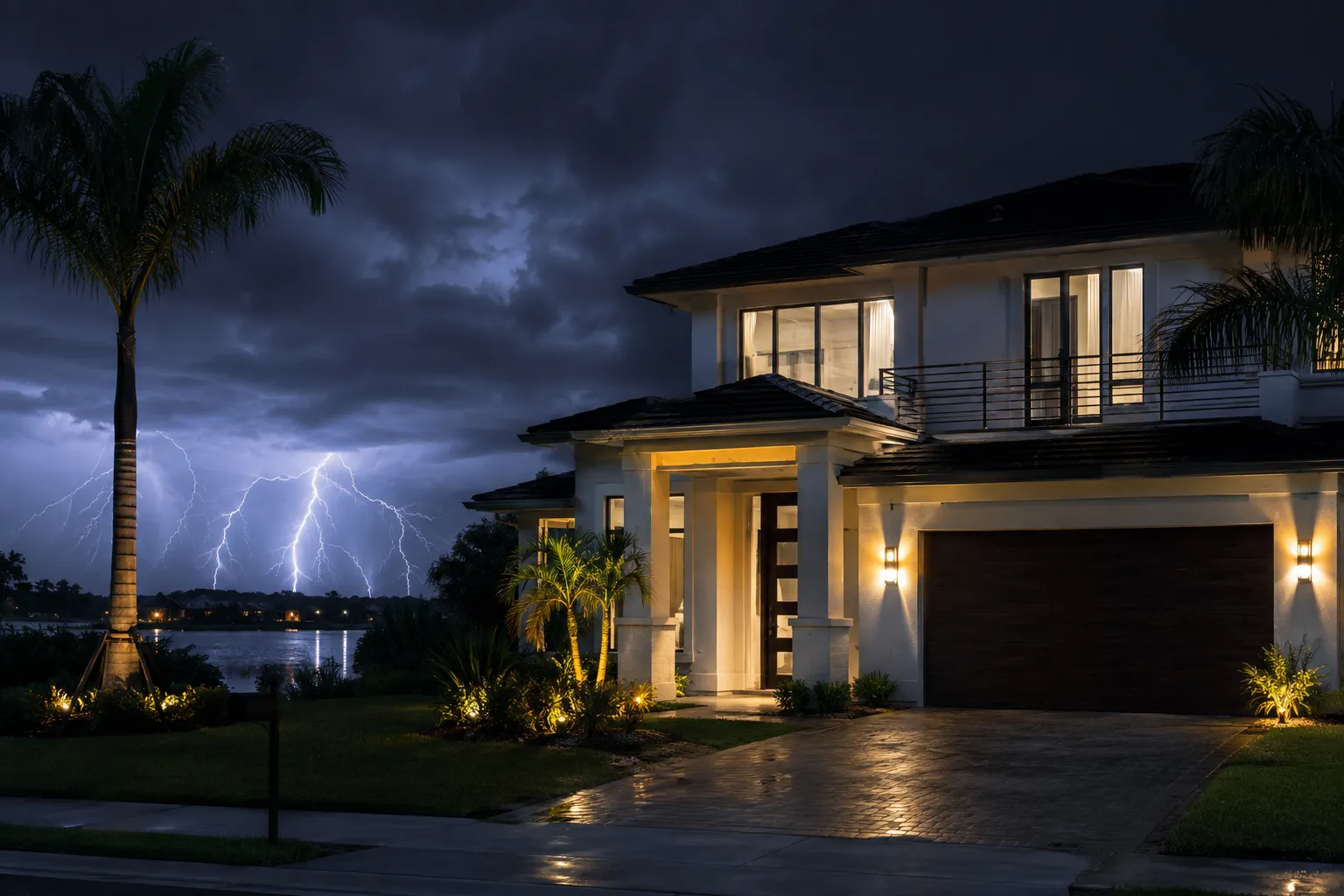 Florida lightning storm behind a modern home with surge protection.