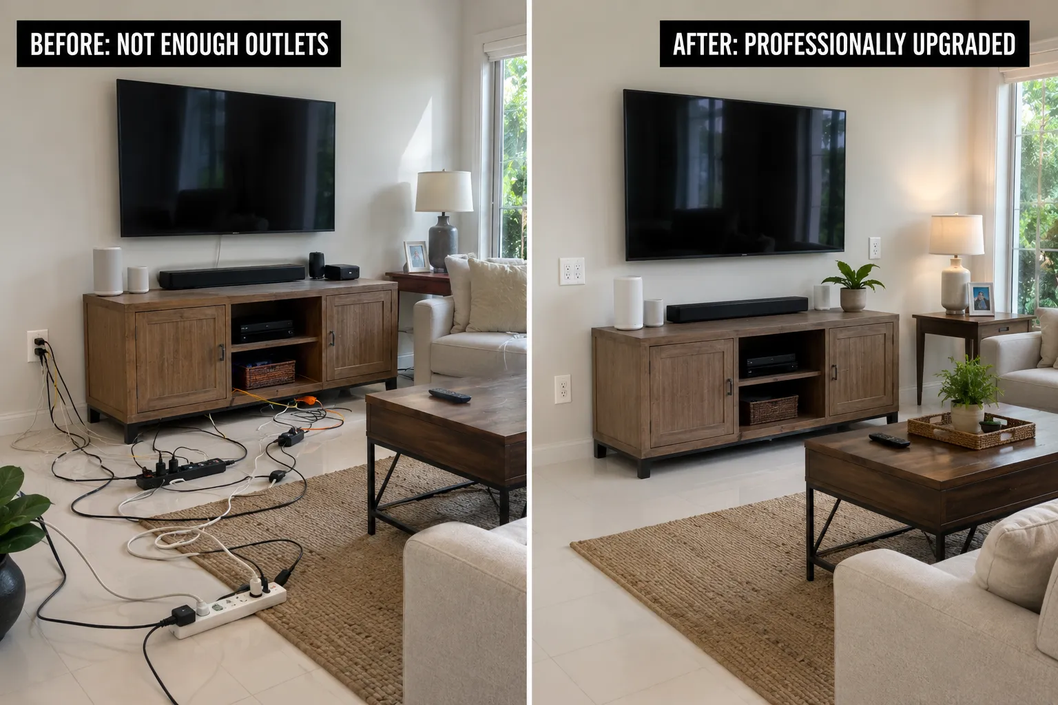 Comparison between heavy extension cord use and a room with enough outlets.
