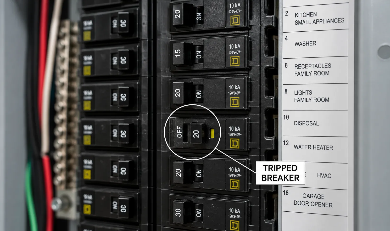 Close-up of residential circuit breakers with one breaker in the tripped position.