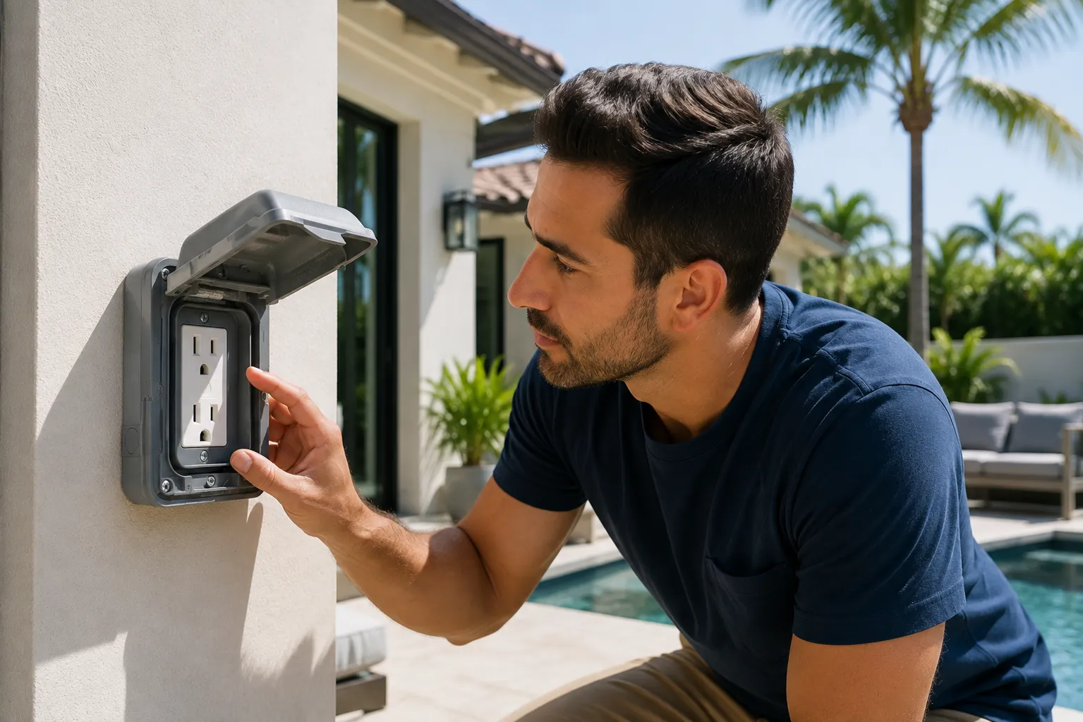 Outdoor electrical outlet being visually inspected on a Florida home.