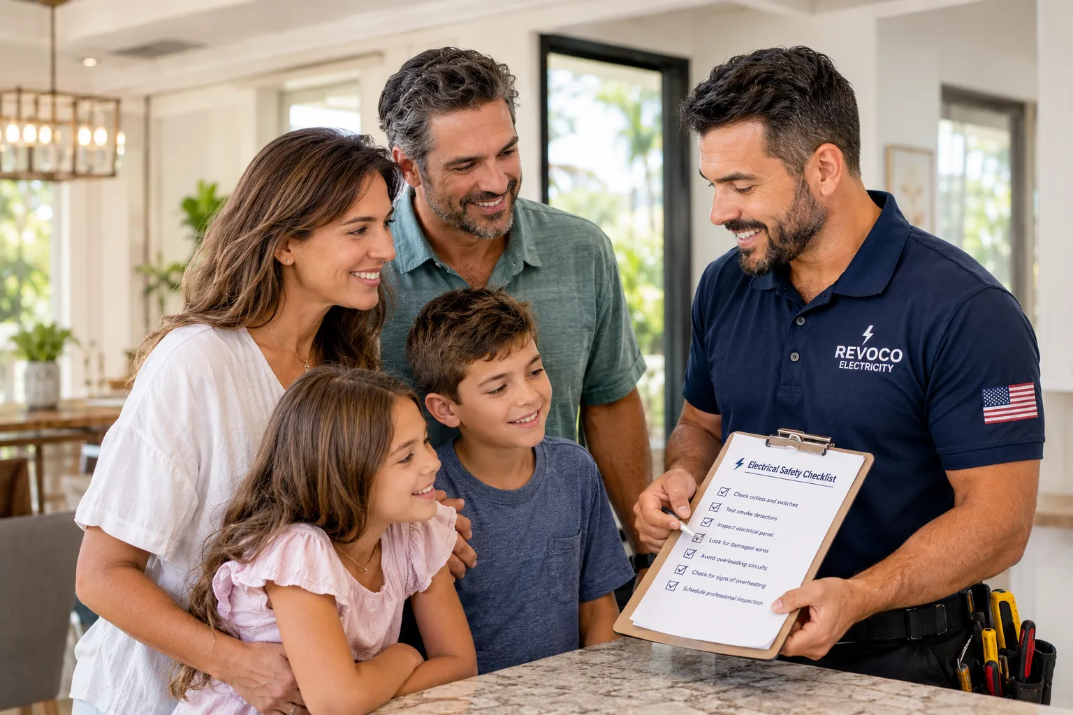 Florida family reviewing an electrical safety checklist with a licensed electrician.