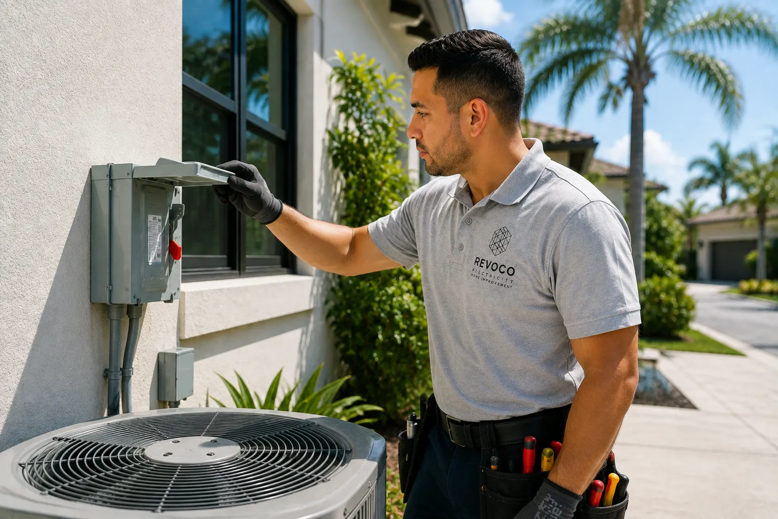 Electrician inspecting an exterior AC disconnect box.