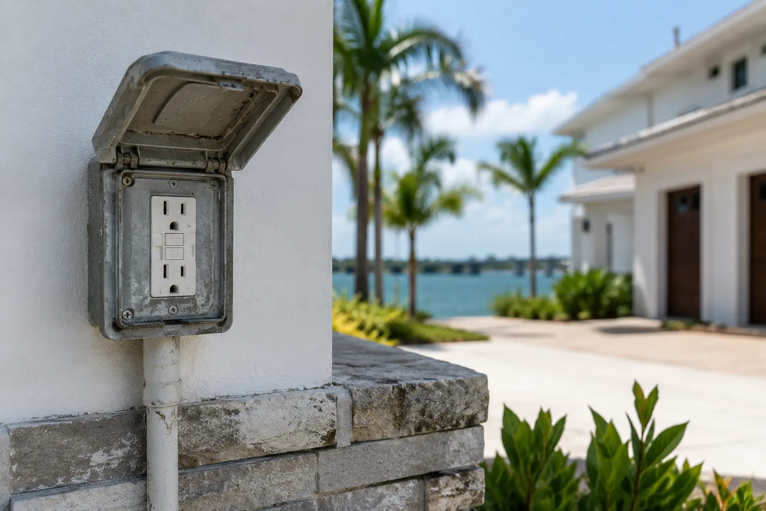 Exterior electrical outlet on a Florida coastal home showing exposure to humidity and salt air.