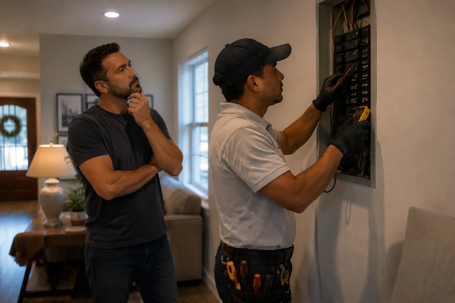 Living room lights flickering while a homeowner notices the issue.