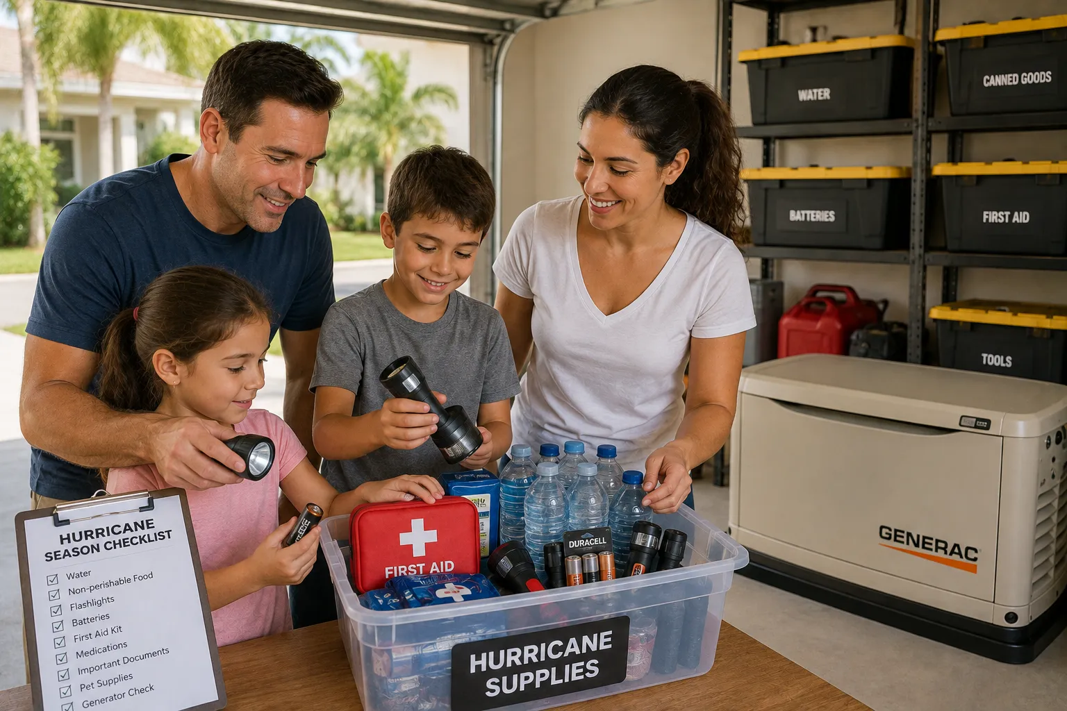Florida family organizing emergency power supplies.