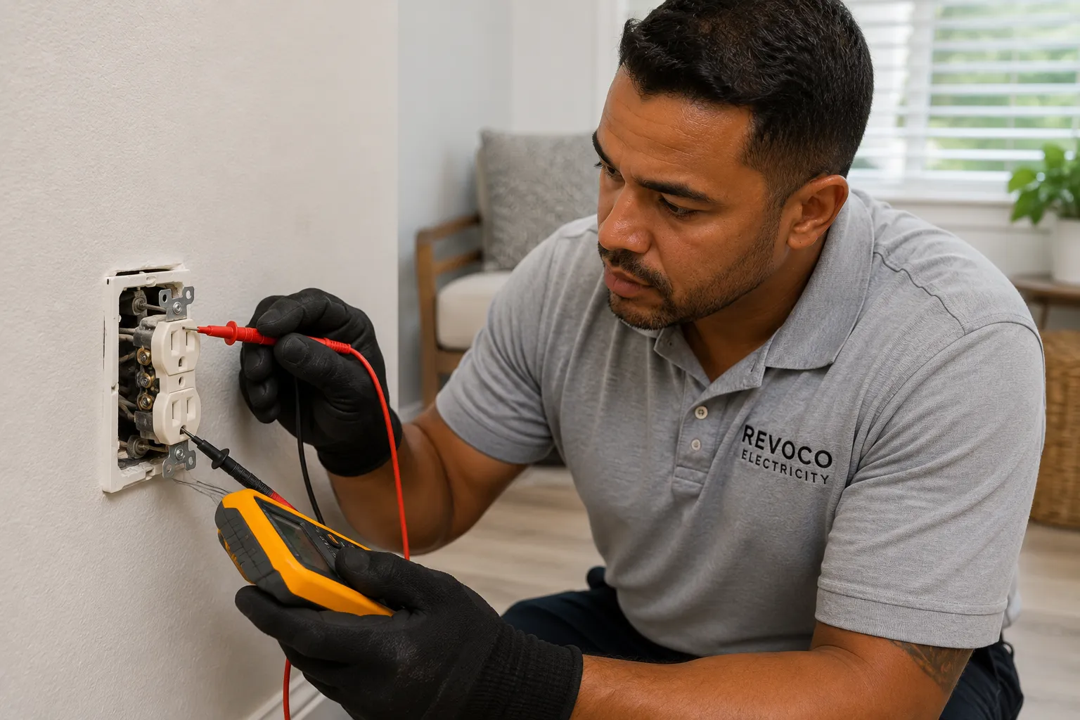Electrical outlet with subtle discoloration being inspected safely by an electrician.