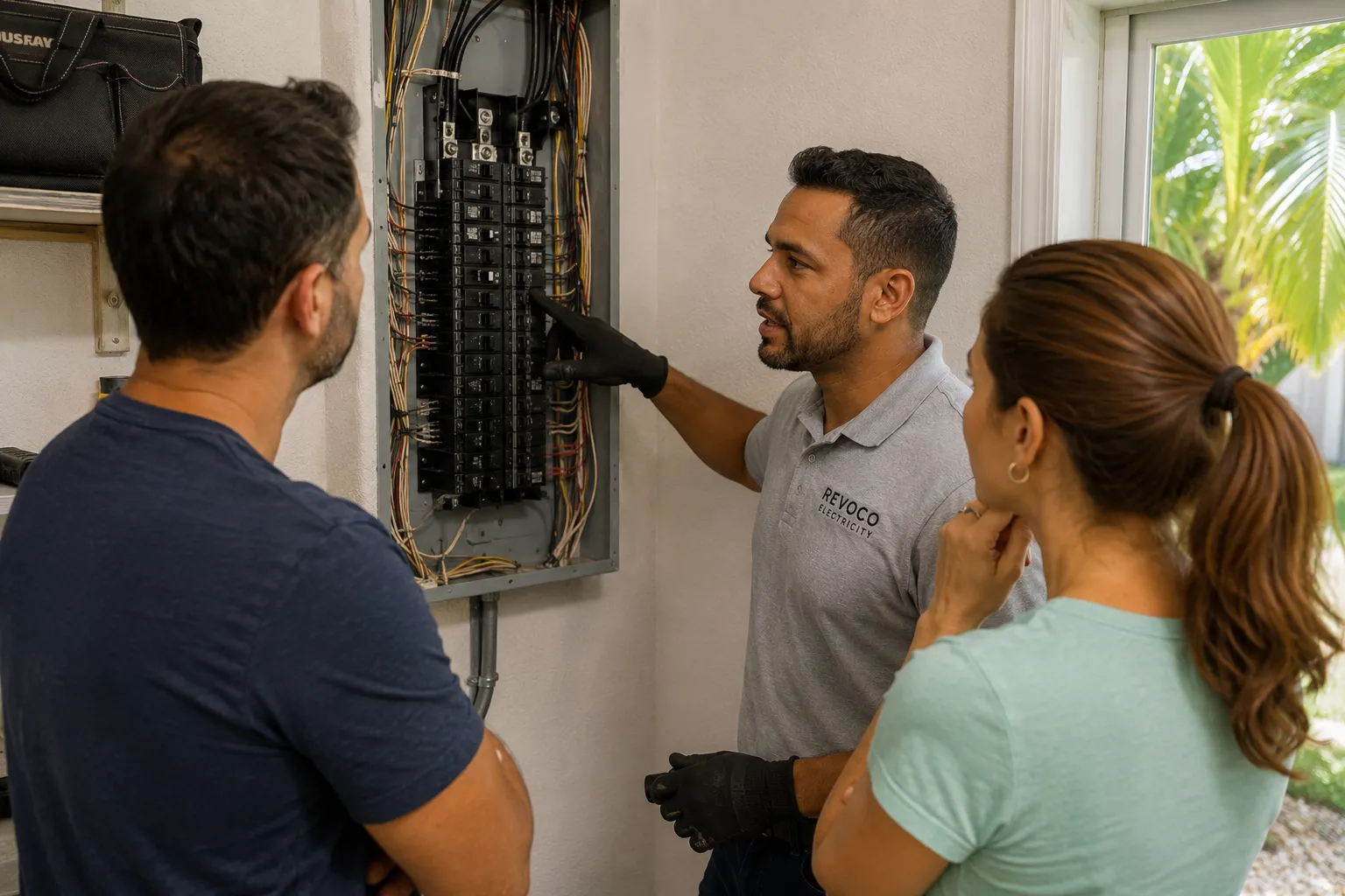 Licensed electrician inspecting an older electrical panel inside a Florida home.
