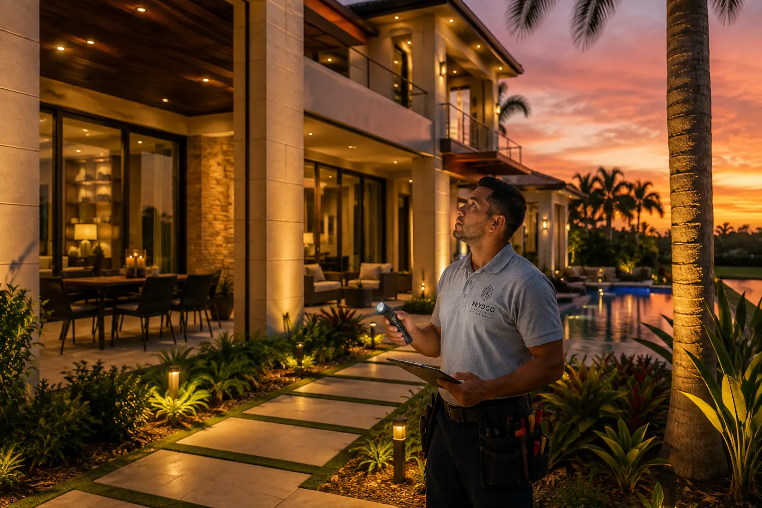 Outdoor lighting inspection at a Florida home.