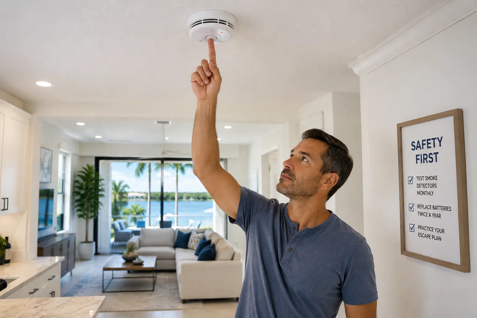 Homeowner testing a smoke detector.